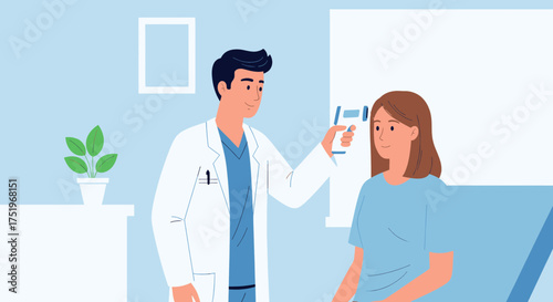 Doctor checking patients temperature with a noncontact thermometer in a medical setting.