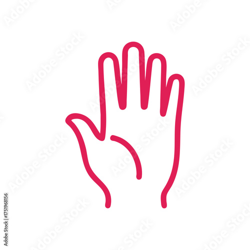 (Red Hand Stop Gesture Outline. This vibrant crimson illustration depicts a human palm raised, signaling cessation or greeting. Its simple line art suggests warning or welcome.)