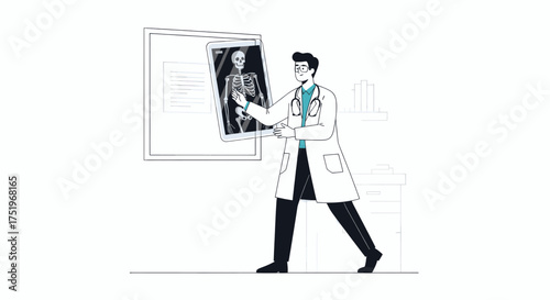 Doctor examining an Xray image of a human skeleton.