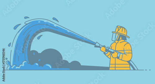 Firefighter Extinguishing Fire with Water Hose Illustration of Fireman.