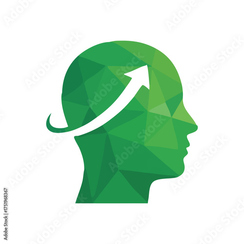 (Mindful Progress Development Icon. This geometric head profile with an ascending arrow portrays intellect, continuous improvement, and successful advancement toward future aspirations.)
