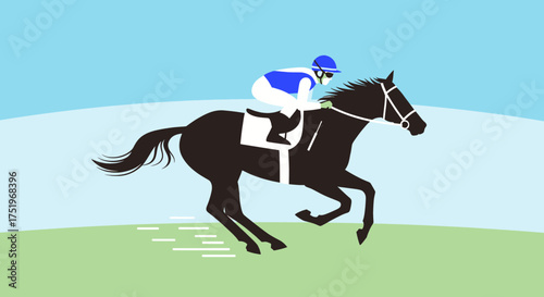 Horse racing jockey riding a black horse on a green field.
