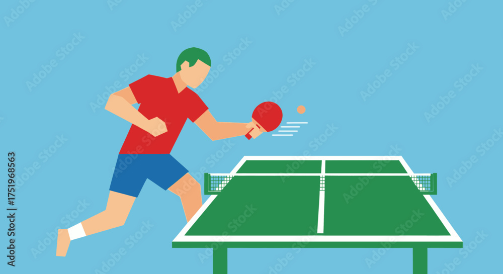 Fototapeta premium Ping pong player hitting the ball with a red paddle on a green table.