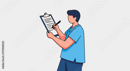 Person in blue shirt writing on a clipboard taking notes.