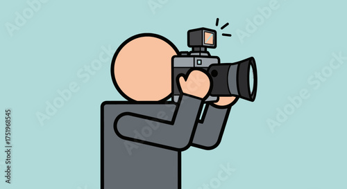 Photographer taking a picture with a professional camera and flash on a light blue background.