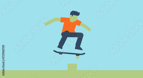 Skateboarder performing a trick over an obstacle in a minimalist illustration.