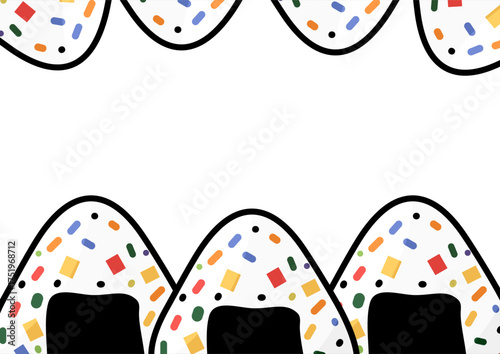 A food border illustration with colorful onigiri triangle rice balls. Traditional japanese meal. Frame for copy space.