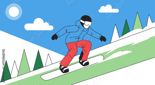 Snowboarder sliding down a snowy mountain slope on a sunny day.