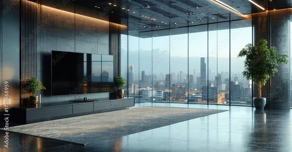 Fototapeta premium Minimalist glossy black screen television off ceo office with panoramic city view and modern decor
