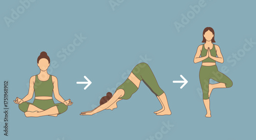 Yoga poses sequence illustration meditation downwardfacing dog tree pose healthy lifestyle.