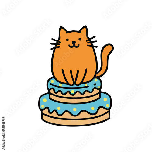 (Cute Cartoon Cat on Birthday Cake. An adorable ginger feline happily perches atop a delightful tiered dessert adorned with light blue frosting. This charming illustration conveys festive joy.)