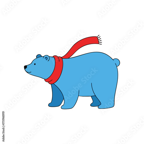 (Happy Blue Bear Wearing Warm Scarf. This charming illustration depicts a contented arctic creature. Its vibrant neckwear symbolizes coziness, joy, and resilience during chilly seasons.)