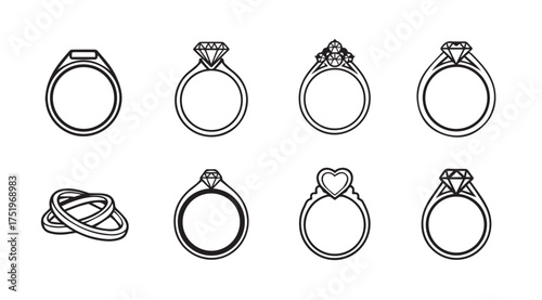 Collection of elegant diamond engagement rings and wedding bands set various styles vector