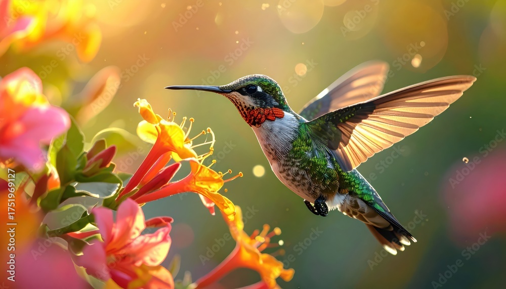 Naklejka premium Enchanting hummingbird feeding on nectar from vibrant flowers in golden sunlight.