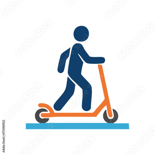 (Urban Scooter Rider Graphic. A vibrant pictogram depicting an individual propelling an orange two-wheeled device. Symbolizes modern transit, active journeys, and urban dynamism.)