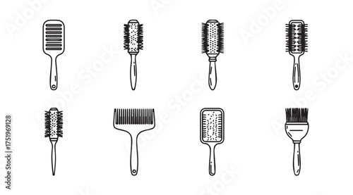 Collection of diverse hair brushes and styling tools for professional salon use vector