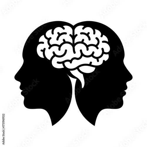 black silhouette of two mirrored heads with brain symbolizing connection and shared intellect