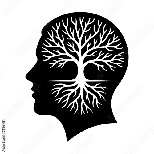 black silhouette of a human head with tree roots symbolizing growth and deep thought