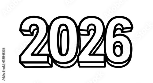 Outlined 2026 text with a 3D effect against a white background