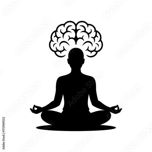 black silhouette of a meditating person with brain symbolizing mindfulness and mental clarity