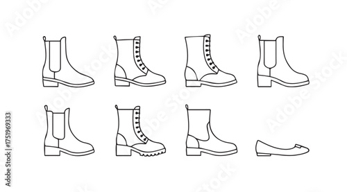 Collection of fashionable boots and flats for women in line art style vector