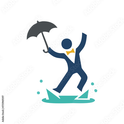 (Joyful Person Splashing in Puddle. An animated figure with an umbrella steps into water with exuberance. Symbolizes overcoming challenges with a positive outlook and confidence.)