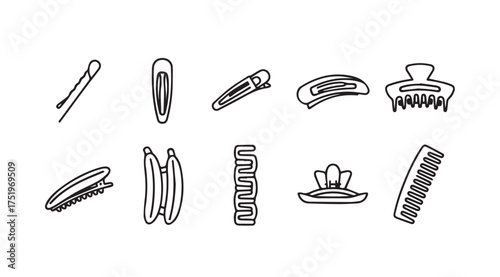 Collection of hand drawn hair accessories including clips barrettes and comb icons vector