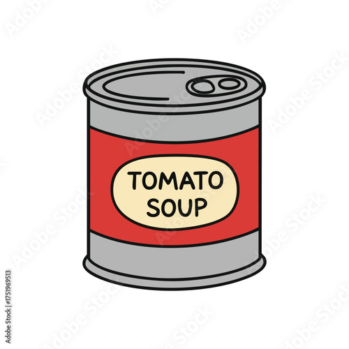 (Tomato Soup Can Illustration. A vibrant hand drawn graphic of a classic ready meal in a sealed container, signifying warmth and household staples.)