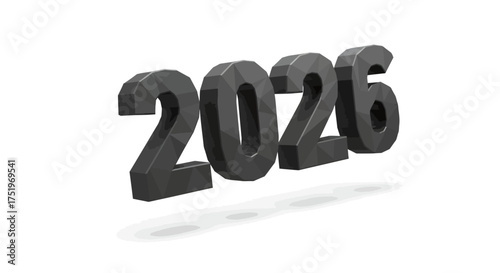 3D rendered lowpoly dark gray 2026 numeric text with faint shadow on a white backdrop