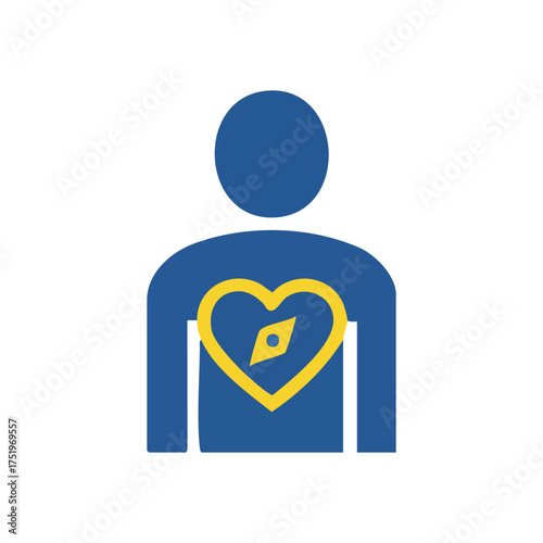(Heart Compass Inner Guidance. A figure with a chest icon showing a vital organ and directional pointer. It symbolizes intuition, purpose, personal journey, and finding ones path.)