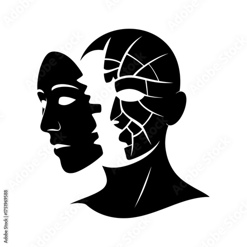 black silhouette of a cracked mask symbolizing emotional distress and inner conflict