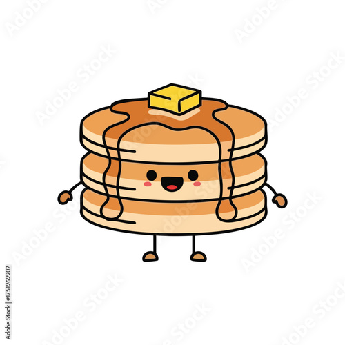 (Cute Happy Pancake Stack Illustration. Cheerful breakfast flapjacks drizzled with syrup and topped with butter. This charming character embodies morning delight and sweet joy.)