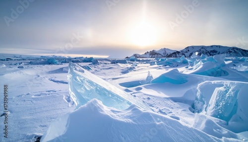 Expansive polar ice cap under a cold winter sun.