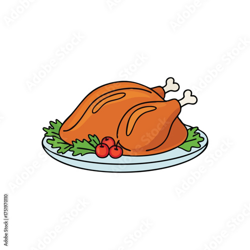 (Roasted Turkey on Platter. Golden fowl, expertly prepared and garnished with fresh greens and berries. It embodies festive spirit, family warmth, and generous holiday feasts.)