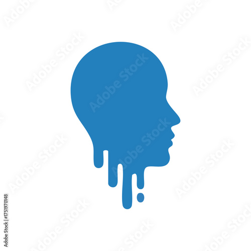 (Blue Dripping Head Profile Icon. Stylized illustration featuring a side view of a person with liquid elements, conveying concepts of transformation, intellect, or emotional fluidity.)