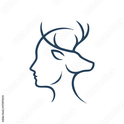 (Elegant Woman Deer Profile Outline. Abstract minimalist artwork depicting a female face merging with a majestic stag head. Symbolizes natural unity, intuition, and wild grace.)
