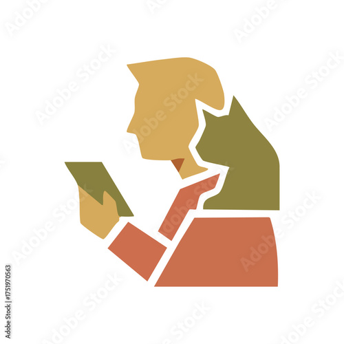 (Reading with a Cat Companion. An individual is absorbed in an electronic gadget, joined by a feline resting on their back. It represents cozy moments and cherished pet bonds.)