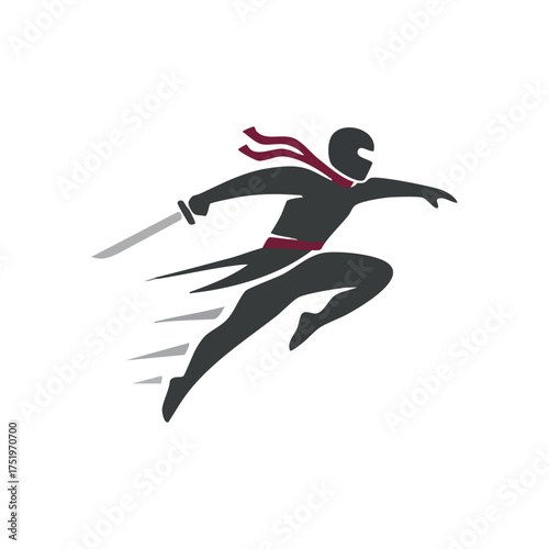 (Leaping Ninja Warrior with Katana. Agile masked combatant in rapid movement, signifying strength, stealth, and powerful precision. Ideal for gaming or martial arts themes.)