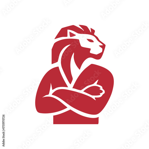 (Majestic Red Lion with Folded Arms. This fierce crimson feline graphic embodies great strength, courage, and leadership. An ideal insignia for brands seeking bold identity.)