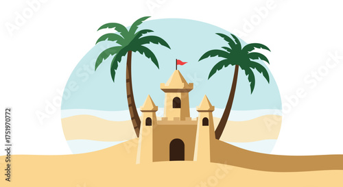 A sandcastle stands tall on a sunny beach with palm trees and the ocean in the background.
