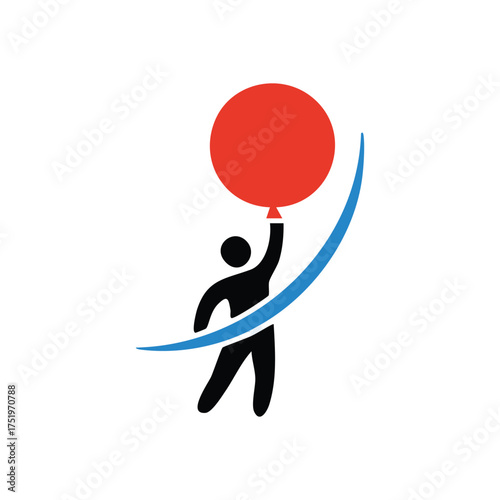 (Uplifting Figure with Red Balloon. This inspiring individual clutches a vibrant inflatable, symbolizing hope, achievement, and soaring aspirations. A dynamic blue curve represents progress.)