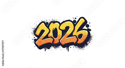 Graffiti art of the year 2026 in vibrant yellow and orange with a dark outline and spray paint effect