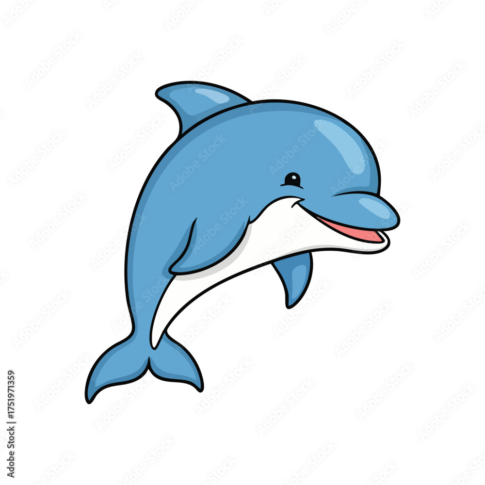 Obraz premium (Smiling Blue Dolphin Design. This cheerful aquatic mammal vector exudes joy and playfulness. An endearing graphic artwork ideal for various projects, symbolizing freedom.)