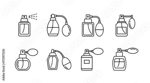 Collection of elegant perfume bottles spritzing fragrance in a decorative artistic sketch style vector