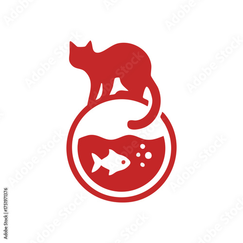 (Curious Cat Watches Goldfish Graphic. A watchful feline observes a tiny aquatic creature within its glass habitat. This simple artwork symbolizes natural instinct and predator prey dynamics.)