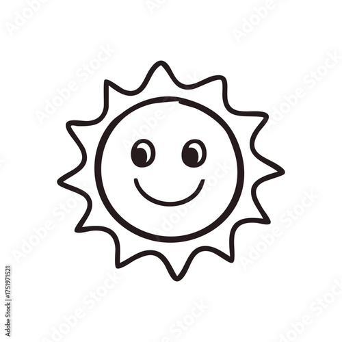 (Smiling Sun Outline Graphic. This cheerful monochrome drawing features a happy face, radiating warmth, joy, and positive energy through its simple design.)
