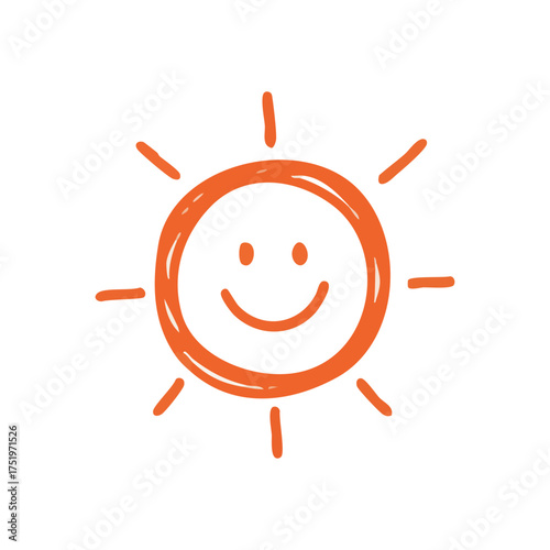 (Cheerful Hand Drawn Sun Emoji. A vibrant orange celestial body with a radiant smile, symbolizing joy and happiness. This simple cartoon represents optimism and a positive outlook.)