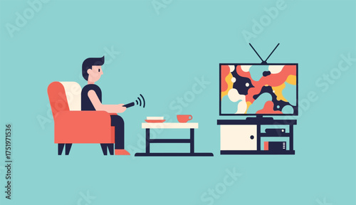 Man Relaxing on Couch Watching TV with Remote Controller in Living Room