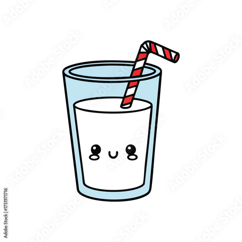 (Adorable Milk Beverage Illustration. This charming liquid container displays a joyful expression with a striped sipper, symbolizing happiness and wholesome refreshment.)