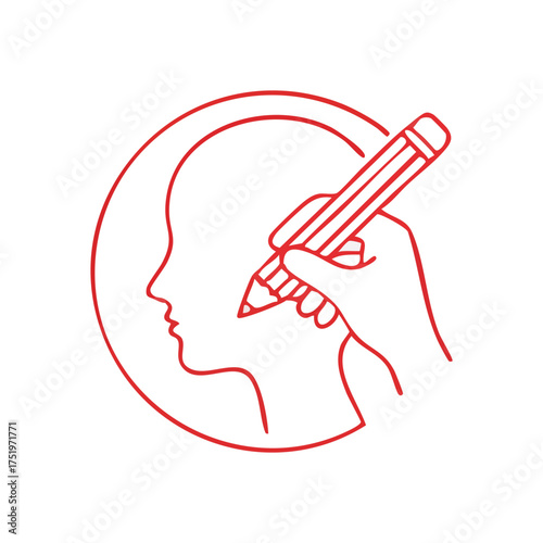 (Creative Mind Drawing Self. This minimalist illustration portrays an individual's hand sketching a head profile, symbolizing imagination, self-awareness, and artistic expression.)